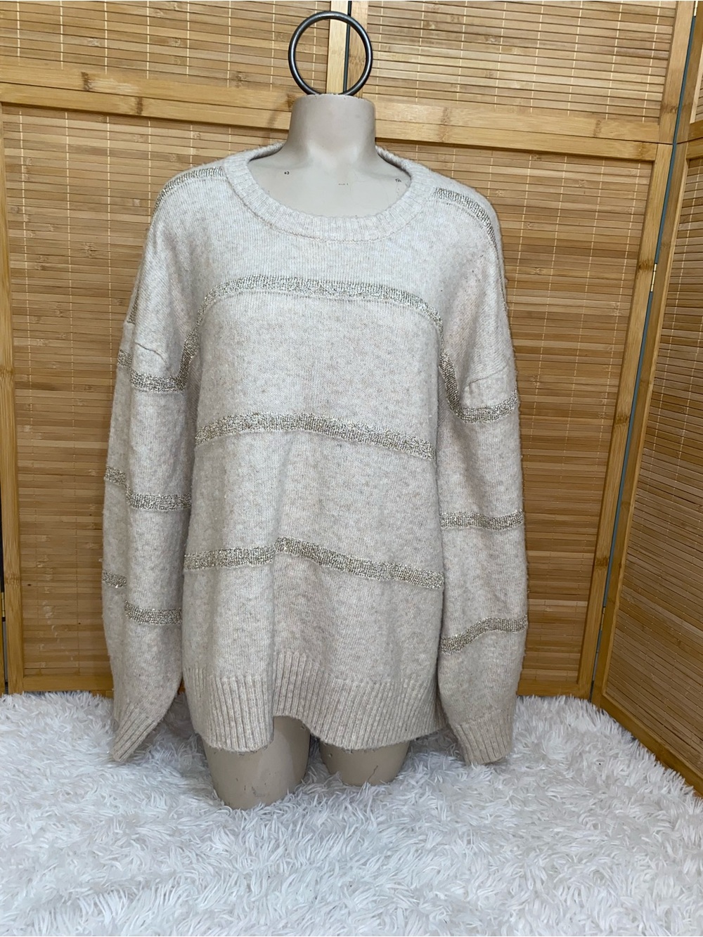 Ophelia Roe oatmeal gold striped wool blend long sleeve crewneck sweater 3X